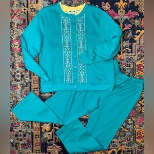 Vintage Shenanigans 2 Piece Embroidered Buttonfront Sweatshirt and Pants Set